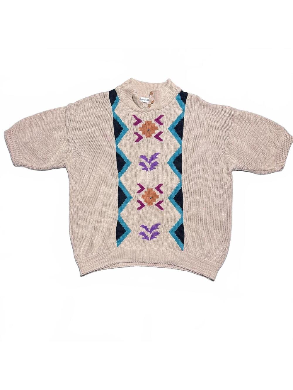 Vintage Carriage Court Knit Short-Sleeve Sweater Southwestern Pattern 80s